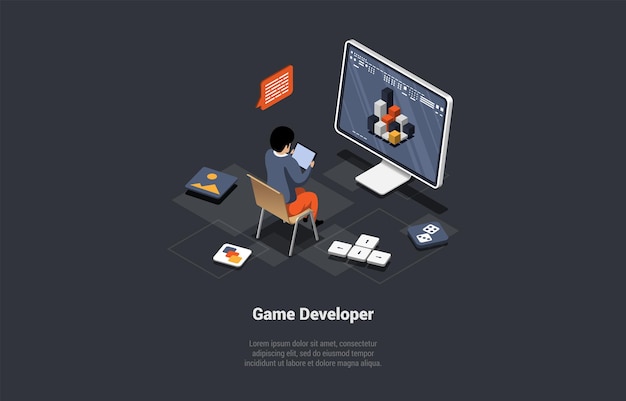 Vector game development concept gamedev in process of create and develop new computer video game design digital technology man testing and codding game interfase isometric 3d cartoon vector illustration
