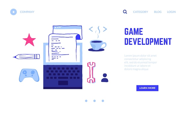 Vector game development landing page programming vr entertainment cyber project writing digital code website interface with buttons doodle laptop and joystick vector web service ui mockup