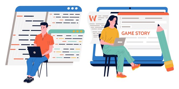Vector game development people programming software with laptops coding scripts application designers work professional coders set freelance occupation vector web app programmer concept