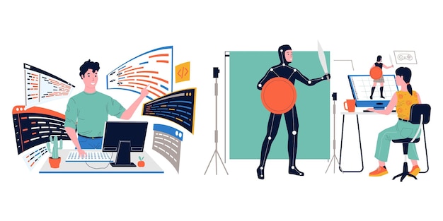 Vector game development specialists create gaming web characters programmers coding software computer technology professional digital designers workplace teamwork project vector concept