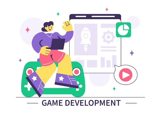 Vector game development vector illustration featuring games digital technology programming and coding for the technical aspects of creating video games