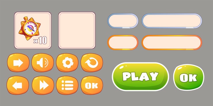 Game interface set icons buttons navigation Vector cartoon Game interface menu set Empty sign