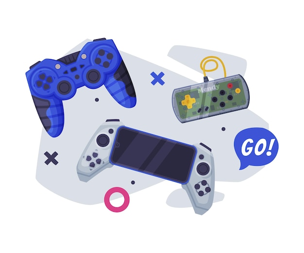 Vector game joysticks modern and retro gamepad controller consoles set vector illustration