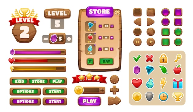 Vector game ui asset cartoon wooden menu interface elements buttons icons panels progressbars checkbox and level indicator collection vector set