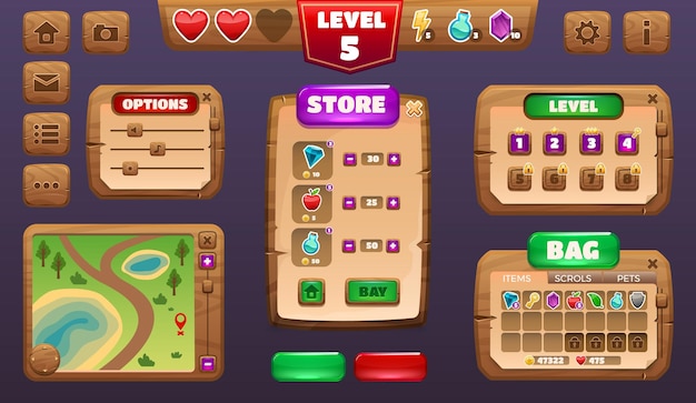 Vector game ui kit cartoon menu and interface constructor asset rpg game elements map level character inventory achievements table vector set