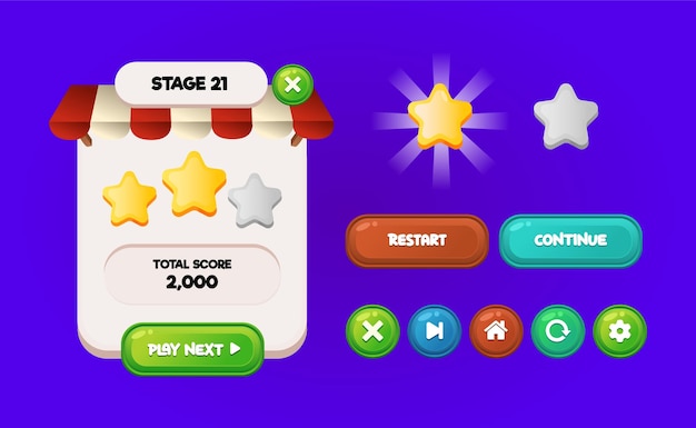 Vector game ui popup level completed window of graphical user interface gui to build 2d games