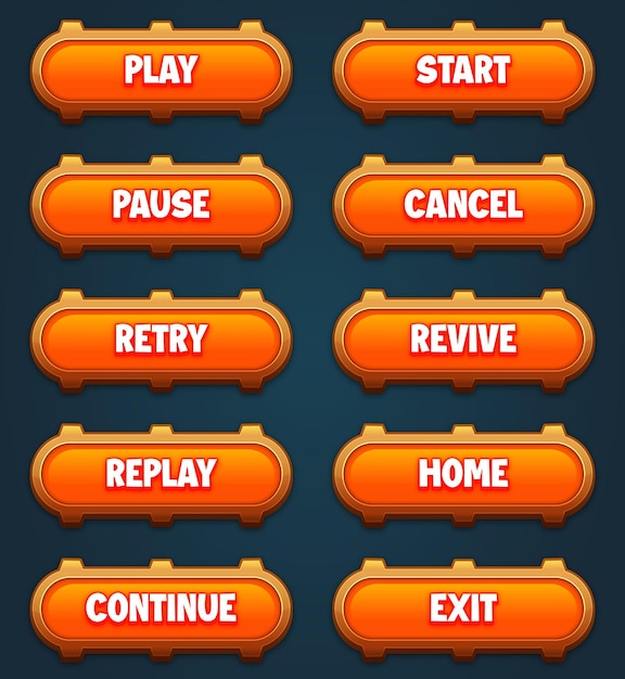 Vector game ui set of orange buttons with editable text effect gui to build 2d games game buttons kit
