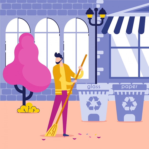 Vector garbage man or janitor sweeping, cleaning litter.