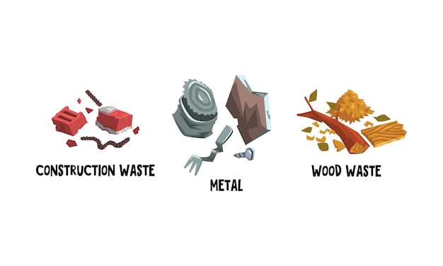 Vector garbage with construction waste metal and wood waste vector set