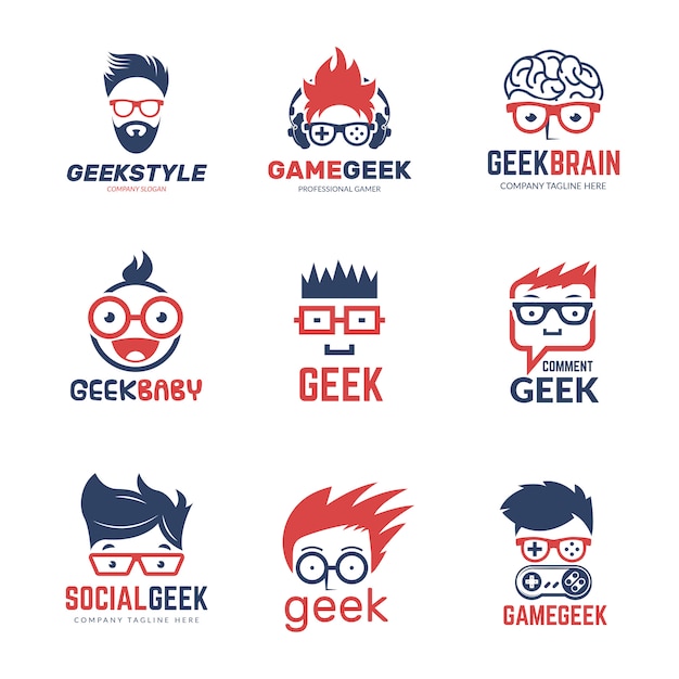 Vector geek logo. business identity of smart programmers thinking nerd computer education vector design template