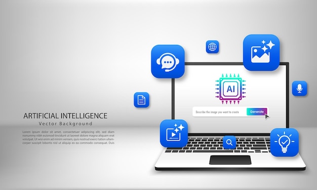 Vector generative ai concept tools for generated icons on a laptop generate prompt concept bar on the screen large data processing database concept vector illustration for web and template