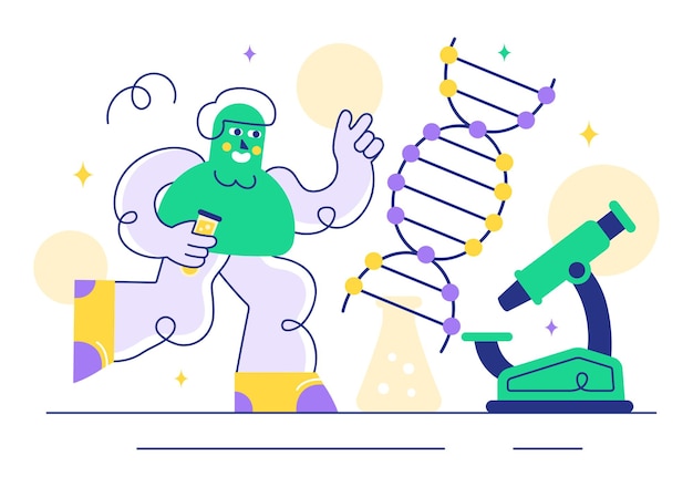 Vector genetics vector illustration featuring science with dna molecule structure research and experiment scientists in a technological flat background