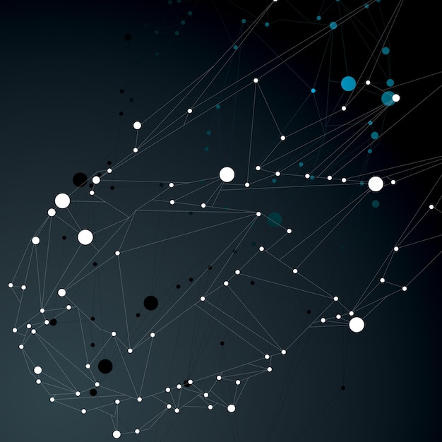 Vector geometric abstract 3d complicated lattice object over dark background, single color asymmetric element with wireframe structure and connected black and white lines.