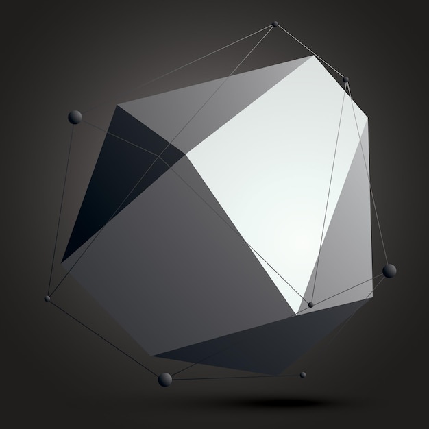 Vector geometric abstract 3d complicated lattice object over dark background, single color asymmetric element with wireframe structure and connected black and white lines.