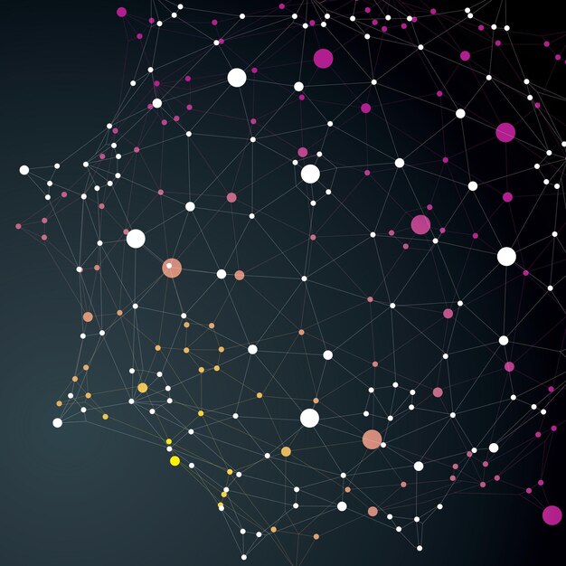 Vector geometric abstract 3d complicated lattice object over dark background, single color asymmetric element with wireframe structure and connected black and white lines.