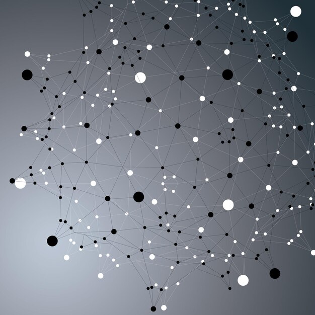 Vector geometric abstract 3d complicated lattice object over dark background, single color asymmetric element with wireframe structure and connected black and white lines.