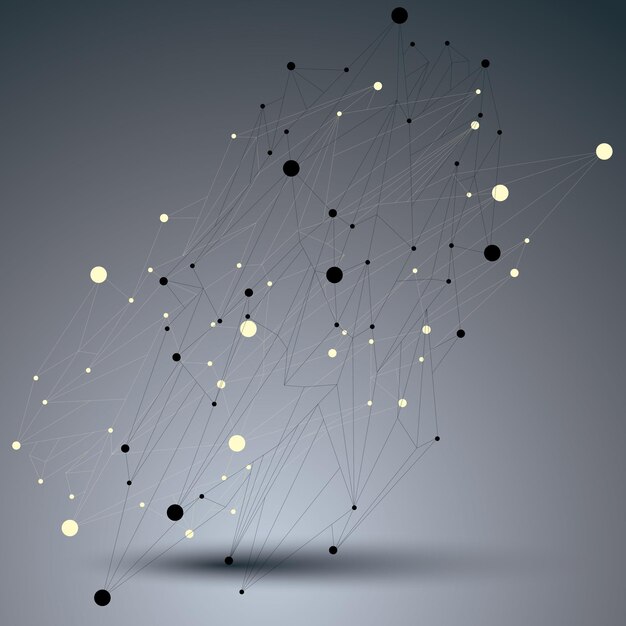 Vector geometric abstract 3d complicated lattice object, single color asymmetric element with wireframe structure and connected black and white lines.