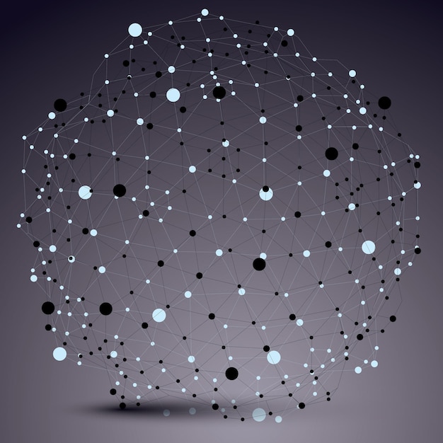 Vector geometric abstract 3d complicated lattice object, vector asymmetric element with wireframe structure and connected black and white lines.