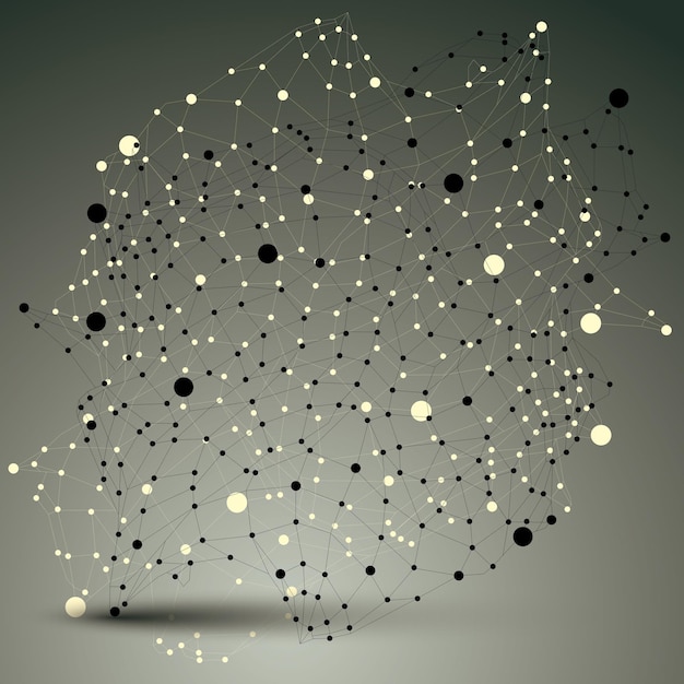 Vector geometric abstract 3d complicated lattice vector object, asymmetric element with wireframe structure and connected black and white lines.