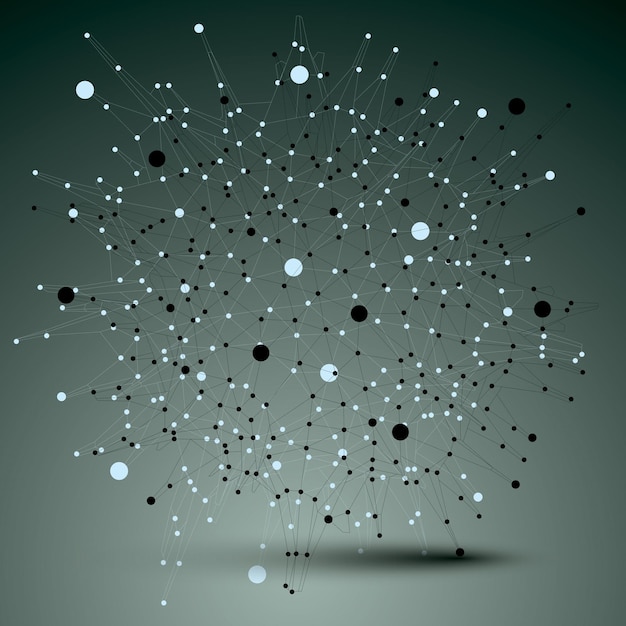 Vector geometric abstract 3d complicated lattice vector object, single color asymmetric element with wireframe structure and connected black and white lines.