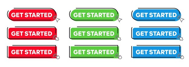get started buttons with click cursor or arrow point modern simple web action button vector