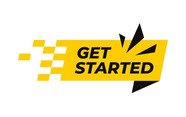 Vector get started text with abstract ribbon element speech bubble with hand pressing start button vector