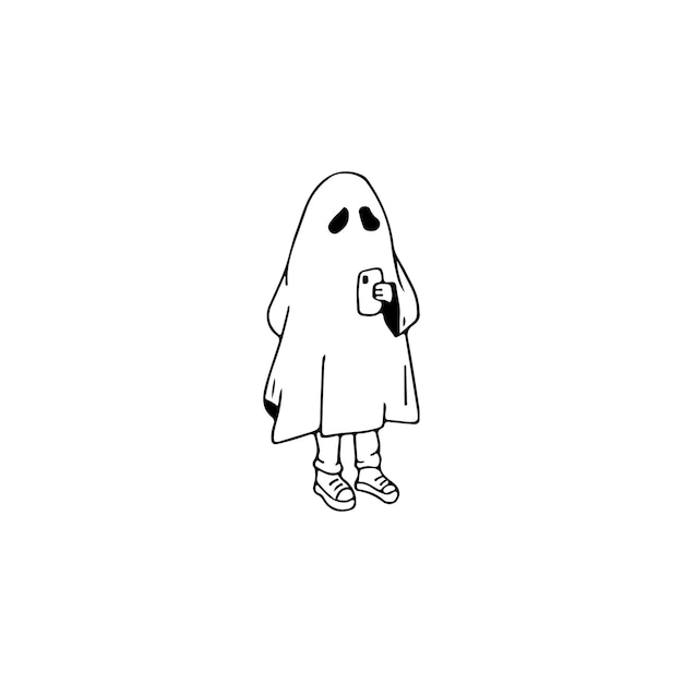 Vector ghost makes selfie hand drawn sketch halloween ghost doodle vector illustration