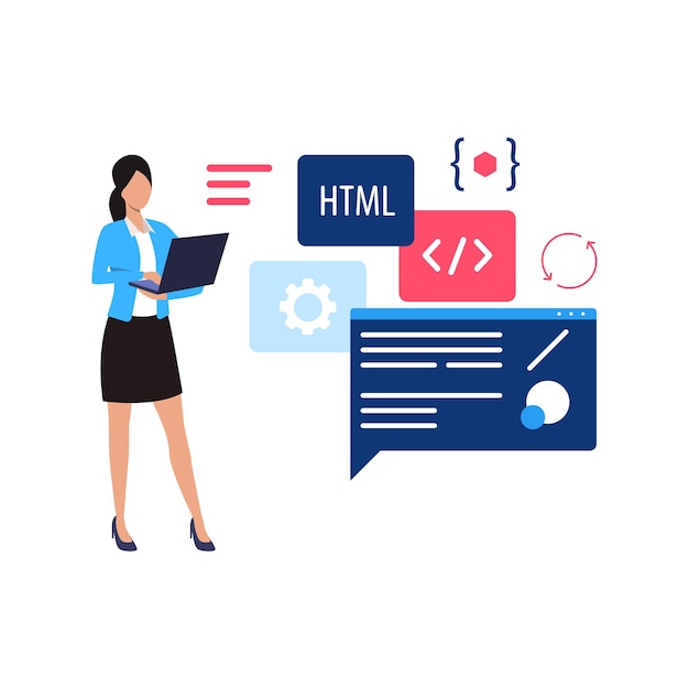 Vector girl checking html coding on laptop