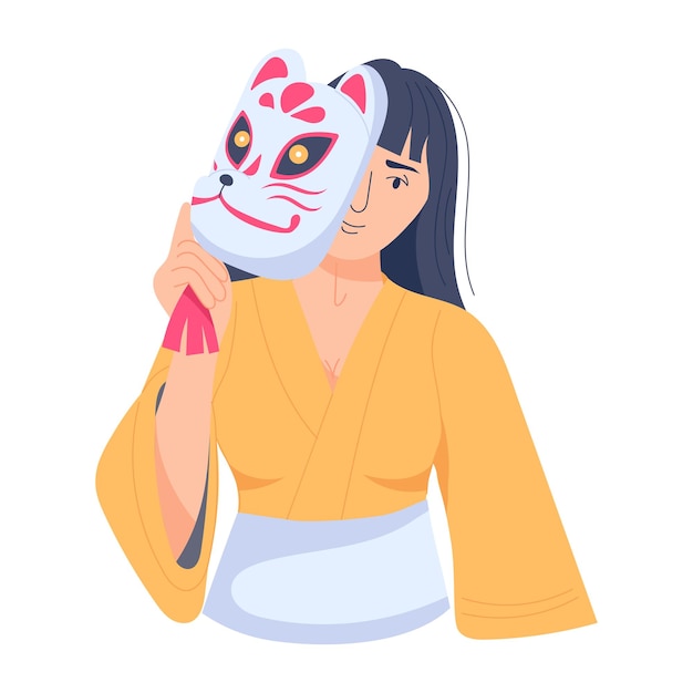 Vector girl holding kitsune mask flat style illustration