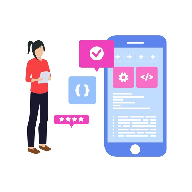 Vector a girl is programming a mobile app