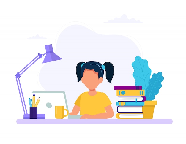 Vector girl studying with computer and books. 