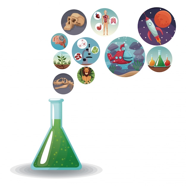 Vector glass beaker formula with icons with picture world evolution in bubbles 