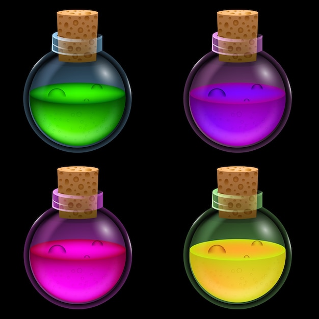 Vector glass bottles with a potion. game icon of magic elixir