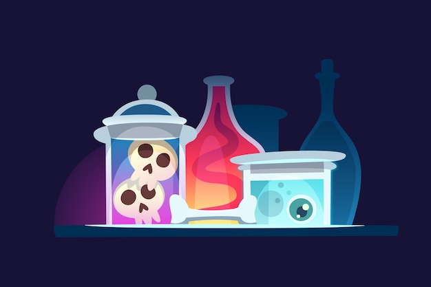 Vector glass cans with witchcraft potion bottles