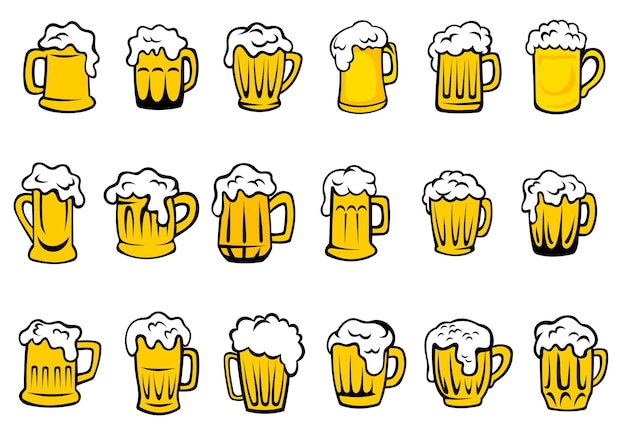 Vector glass or ceramic mugs and tankards filled of golden light beer with overflowing froth heads isolated on white background, for brewery emblem or beer party design