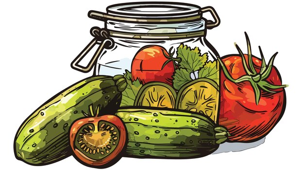 Vector glass jar with canned cucumbers and tomatoes