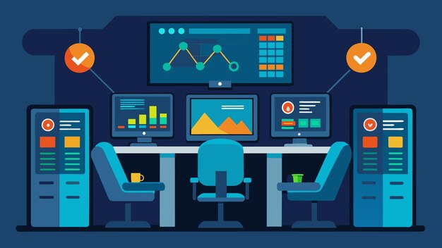 Vector a glimpse into a control room with multiple screens displaying realtime data and statistics made