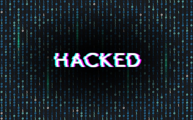 Vector glitch hacked on matrix background. binary code with stereo effect text. digital data error. hacker attack template. technology backdrop with distortions.  illustration.