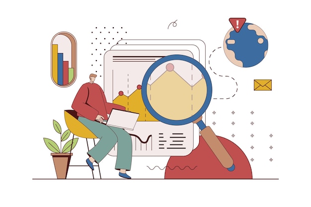 Vector global business strategy concept with character situation in flat design man explores international market trends expands company with success planning vector illustration with people scene for web