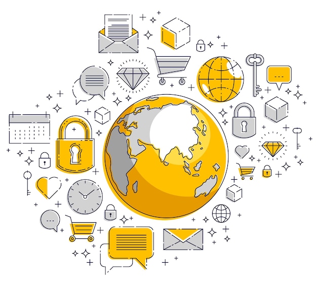 Vector global communication concept, planet earth with different icons set, big data, internet activity, global network connection, vector, elements can be used separately.
