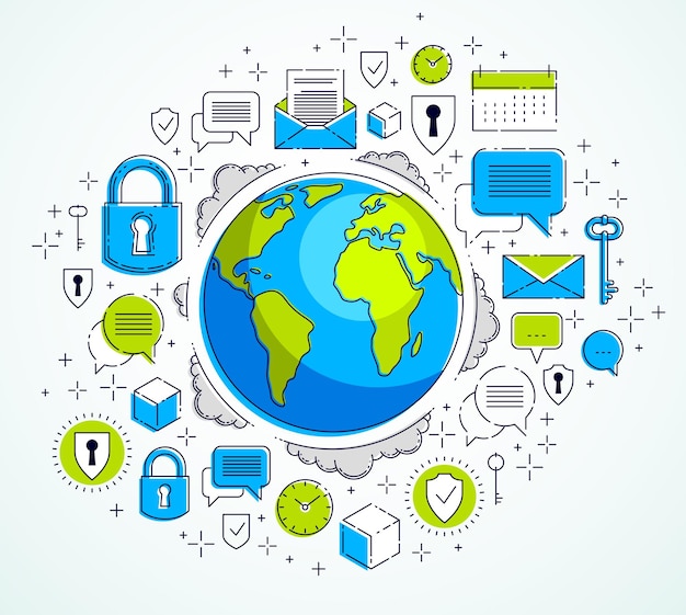 Vector global communication concept, planet earth with different icons set, internet activity, big data, global network connection, vector, elements can be used separately.