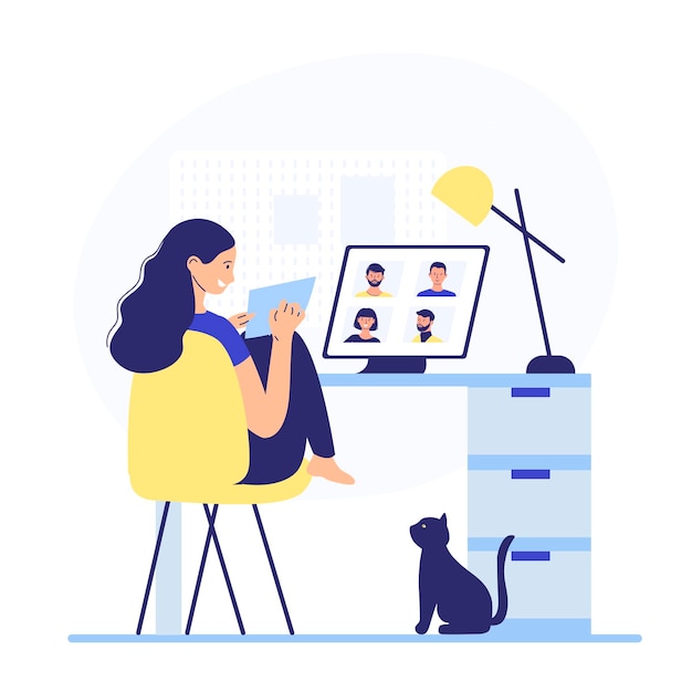 Vector global outsourcing, people using the cloud to work remotely. character woman sitting at a table working on laptops connected to the network.