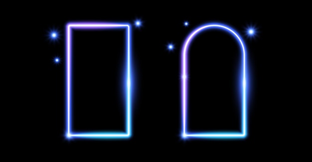Vector glow neon rectangle and arch frames blue light shining borders neon portal doors concept rectangular