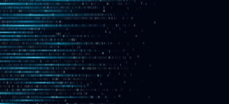 Glowing vector binary code cascading on a dark blue background Backdrop for hacking data