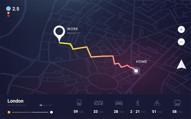 Vector gps track city map application with navigation ui tracking path and route from home to office determining location on the plan of london vector dashboard interface with buttons
