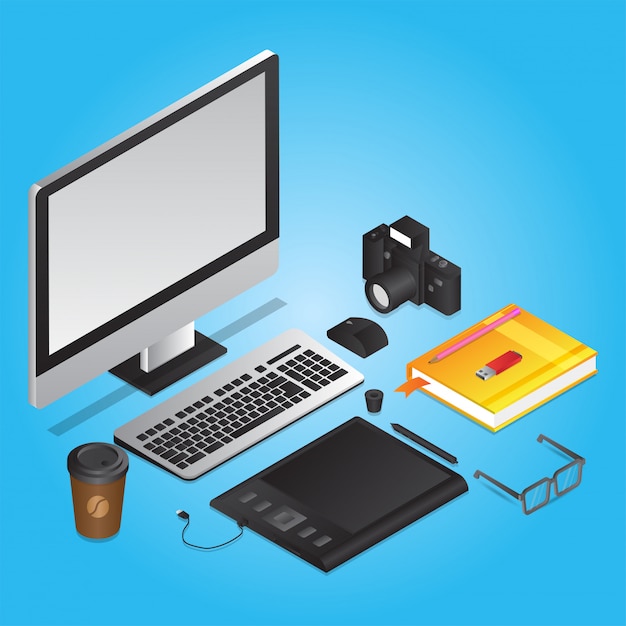 Vector graphic designer tools like as computer with graphic tablet