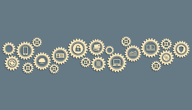 Vector a graphic of a set of gears with icons like a computer, a lock, and a lock.