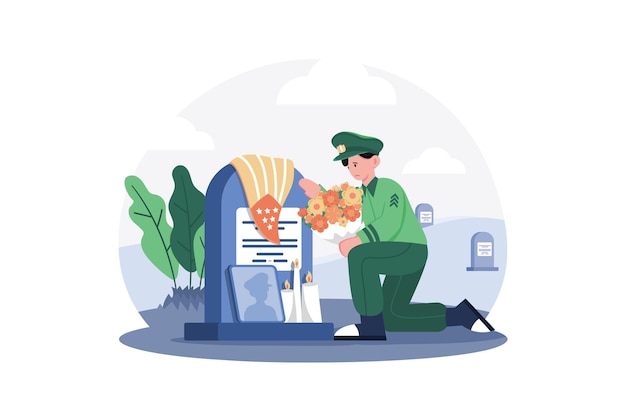 Vector graves are decorated with flags and flowers