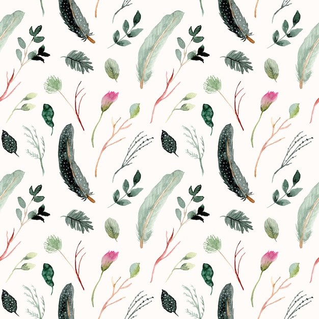 Vector green feather and floral watercolor seamless pattern