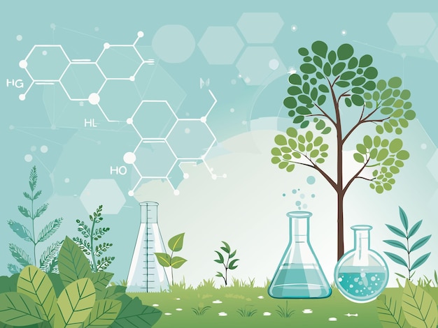 Vector green scientific research background with lab beakers and molecular structure